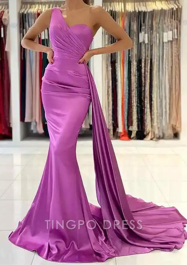 TingPo Wholesale Elegant Trumpet/Mermaid One-Shoulder Sleeveless Sweep Train Satin Prom Dress With Pleated